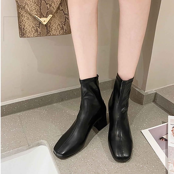 Viluyesy Womens Ankle Sock Boots Square Toe Chunky Block Heel Stretch Faux Leather Back Zipper Office Dating Dress Boots Black Size US5.5