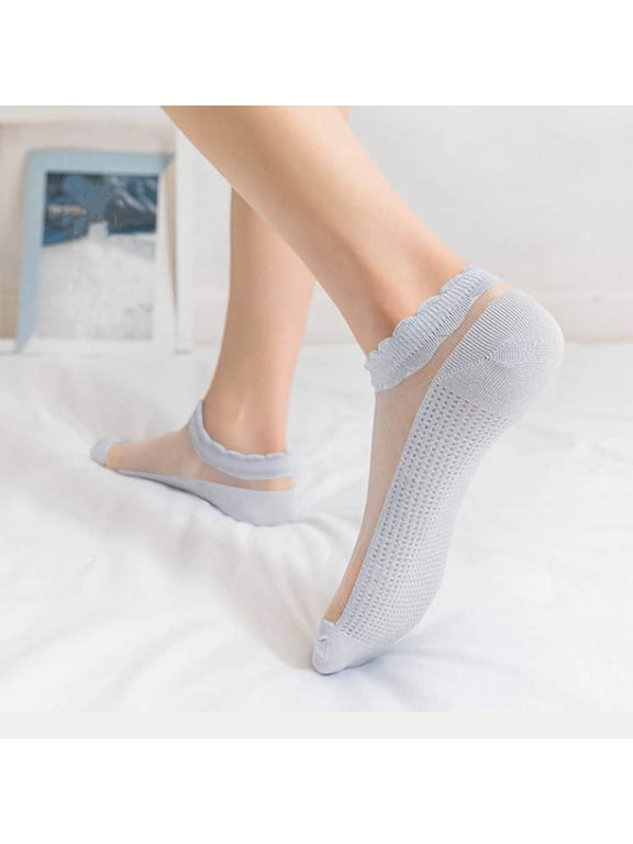 Womens Ankle Socks 5 Pairs, Mesh Breathable Non Slip Transparent Stretch Casual Cotton Socks Silver