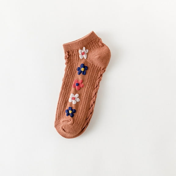 Viluyesy Womens Ankle Socks, Stretch Breathable Anti-Slip Embroidered Floral Cotton Crew Socks Coffee