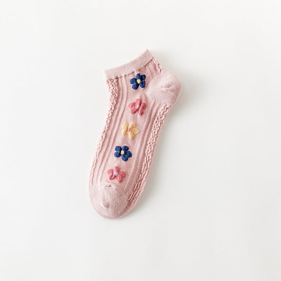 Viluyesy Womens Ankle Socks, Stretch Breathable Anti-Slip Embroidered Floral Cotton Crew Socks Pink