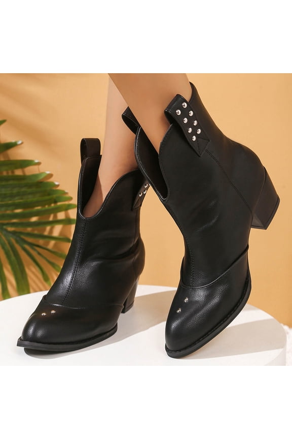 Womens Ankle Western Boots Round Toe Stacked Block Heel Crinkled Faux Leather Pull Tab V-Cut Shaft Retro Cowgirl Casual Boots Black Size 9