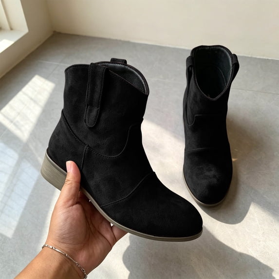 Viluyesy Womens Ankle Western Boots Round Toe Stacked Block Heel Faux Suede Pull Tab Vintage Cowboy Daily Casual Boots Black Size 7.5