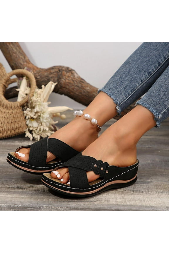 Womens Arch Support Sandals, Soft Sole Open Toe Wide Width Summer Flat Slippers Black