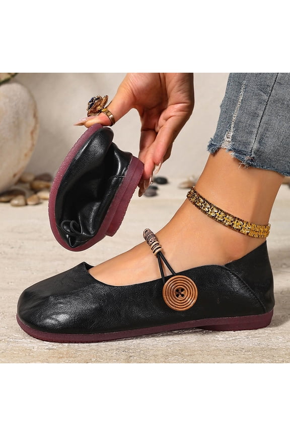 Womens Ballet Falts, Round Toe Trendy Button Slip-On Comfortable Dressy Mary Jane Shoes Black US7.5