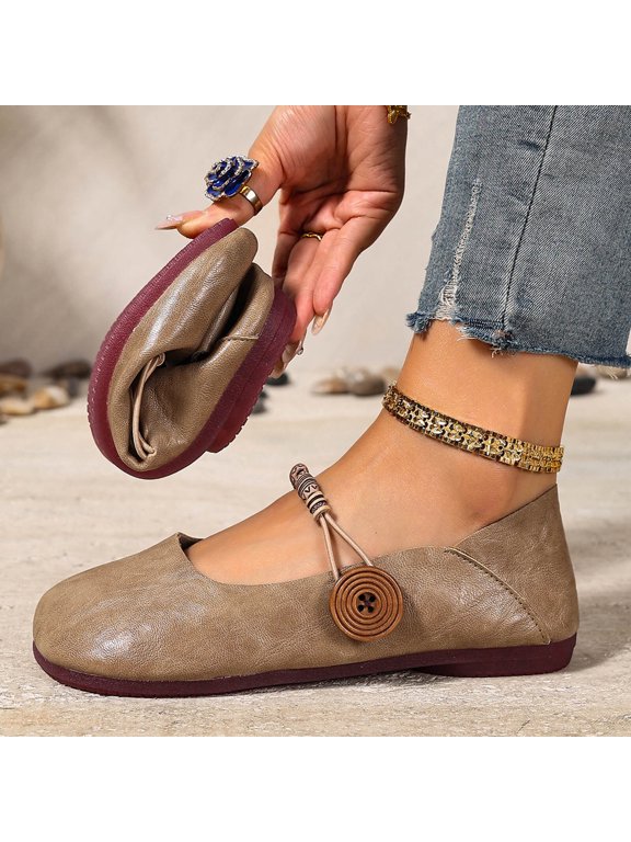 Womens Ballet Falts, Slip-On Trendy Button Round Toe Comfortable Dressy Mary Jane Shoes Khaki US9