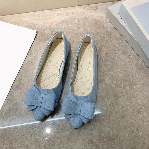 Viluyesy Womens Ballet Flats, Comfortable Bow Pointed Toe Slip-On Shallow Dressy Work Office Shoes Light Blue US6.5