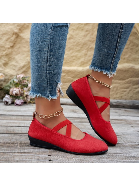 Womens Ballet Flats, Comfortable Strap Soft Sole Low Wedge Heels Casual Work Office Shoes Red US9