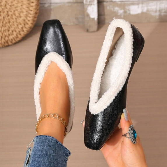 Viluyesy Womens Ballet Flats, Fleece Lined Thicken Warm Pointed Toe Winter Fashion Dressy Shoes Black US7