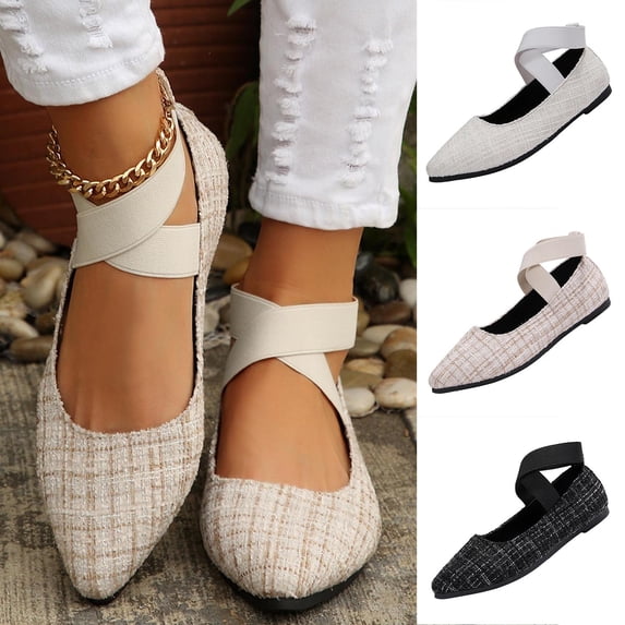 Viluyesy Womens Ballet Flats Pointed Toe Crisscross Elastic Ankle Strap Slip On Breathable Lightweight Dressy Everyday Comfort Flat Shoes Black Size US7.5