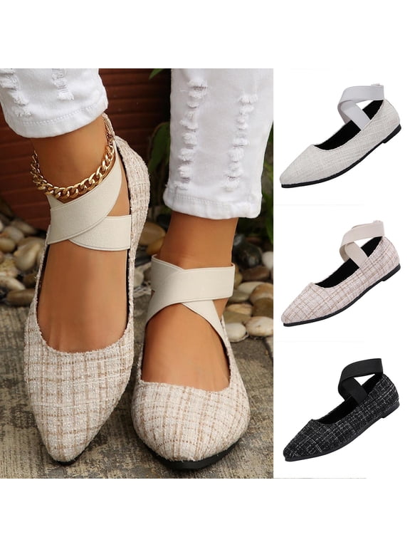 Womens Ballet Flats Pointed Toe Crisscross Elastic Ankle Strap Slip On Breathable Lightweight Dressy Everyday Comfort Flat Shoes Black Size US9.5