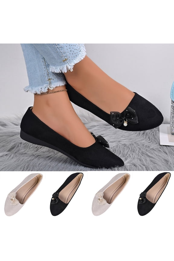 Womens Ballet Flats Pointed Toe Faux Suede Tulle Pearl Bow Slip On Cushioned Lightweight Dressy Wedding Comfort Flat Shoes White Size US5.5