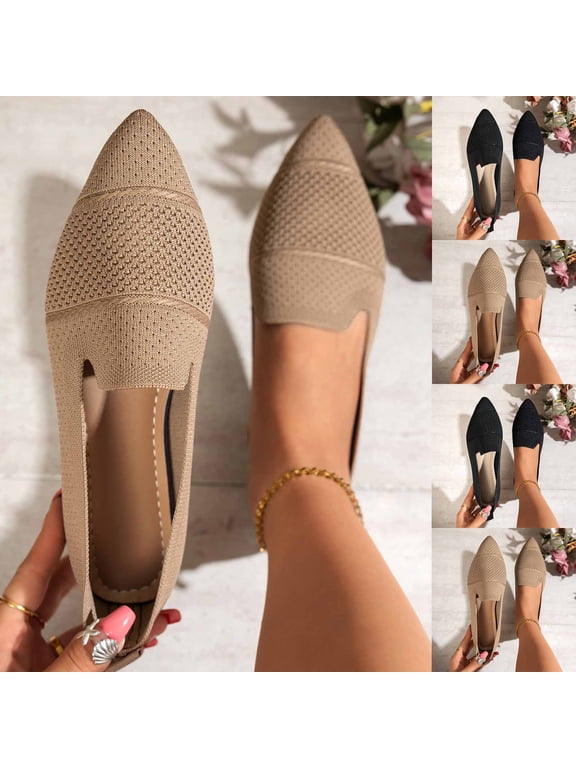 Womens Ballet Flats Pointed Toe Mesh Knit V Cutout Slip On Ultra Breathable Summer Arch Support Lightweight Comfort Flat Shoes Khaki Size US8.5