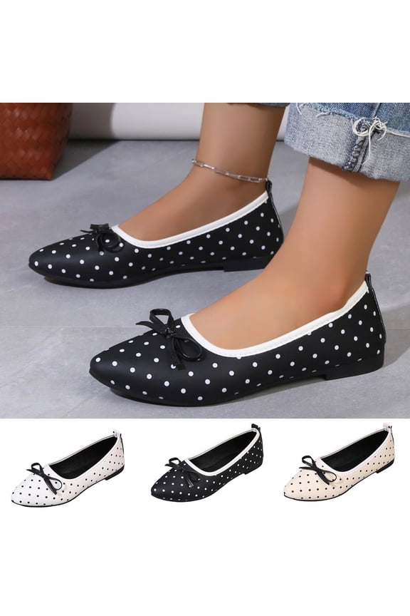 Womens Ballet Flats Pointed Toe Satin Polka Dot Mini Bow Slip On Lightweight Casual Everyday Breathable Flat Shoes Beige Size US6.5