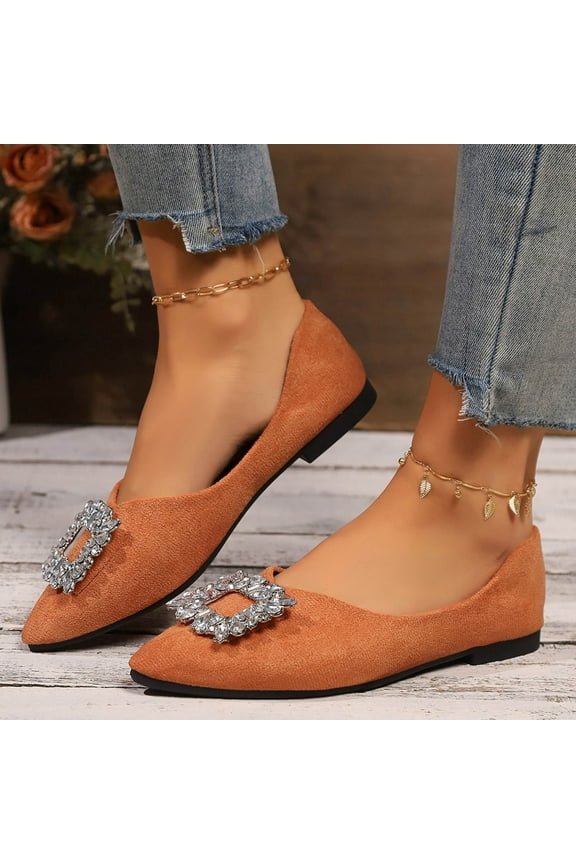 Womens Ballet Flats, Pointed Toe Square Rhinestone Suede Casual Wedding Party Dress Shoes Orange