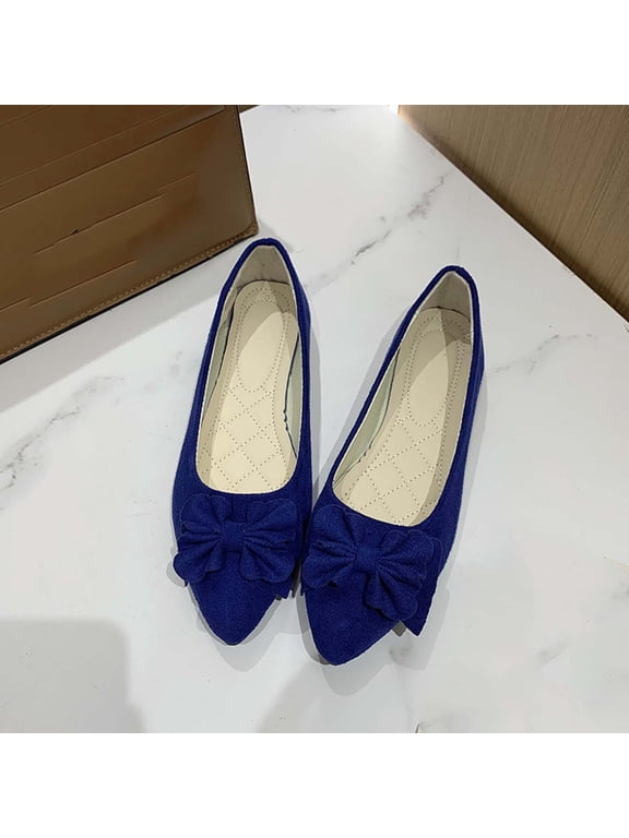 Womens Ballet Flats, Pointed Toe Suede Bow Shallow Casual Slip-On Dressy Shoes Blue