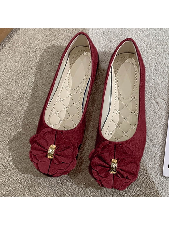 Womens Ballet Flats, Round Toe Elegant Floral Comfortable Slip-On Work Dressy Shoes Wine US9