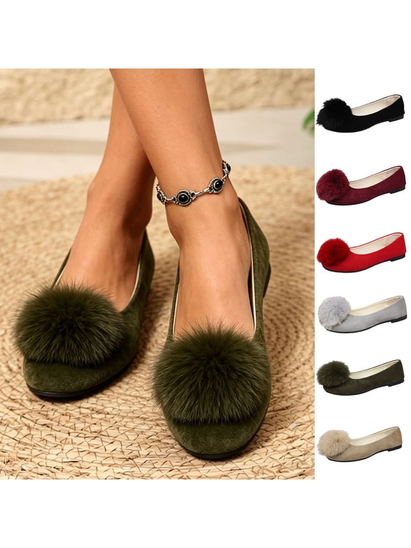Womens Ballet Flats Round Toe Faux Suede Faux Fur Pom Pom Slip On Cushioned Lightweight Fashion Winter Comfort Flat Shoes Green Size US4.5