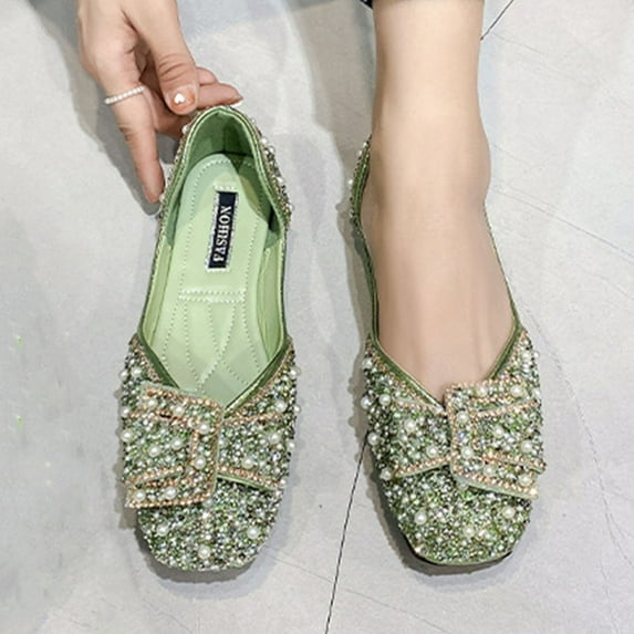 Viluyesy Womens Ballet Flats, Round Toe Slip-On Shiny Rhinestone Shallow Fashion Dressy Shoes Green