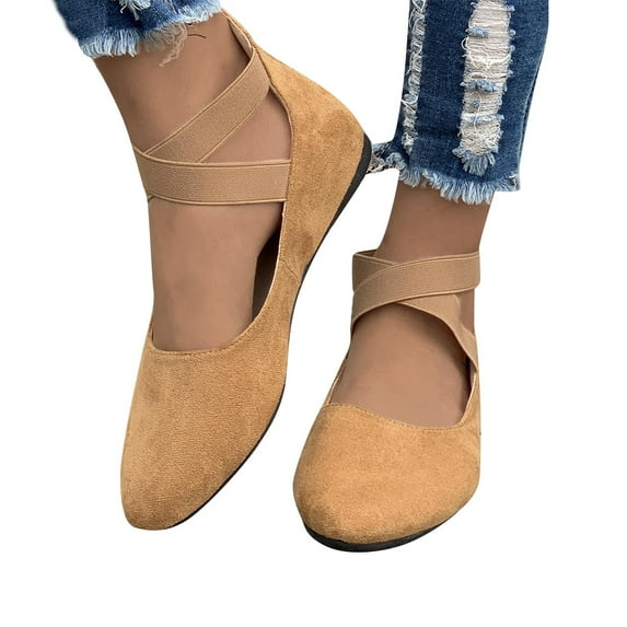 Viluyesy Womens Ballet Flats, Round Toe Zipper Back Ankle Strap New Style Comfort Suede Shoes Khaki
