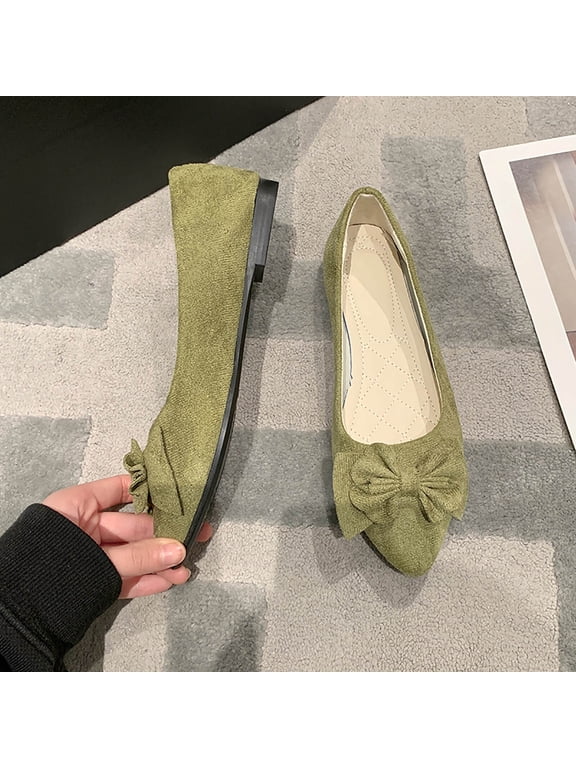 Womens Ballet Flats, Shallow Slip-On Bow Pointed Toe Comfortable Dressy Shoes Army Green US7.5