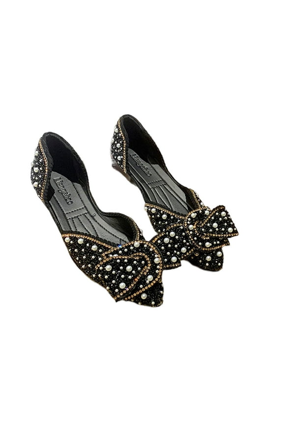 Womens Ballet Flats, Shiny Rhinestone Bow Shallow Slip-On Summer Casual Wedding Party Shoes Black