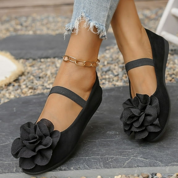 Viluyesy Womens Ballet Flats, Single Band Floral Slip-On Fashion Shallow Dress Shoes Black
