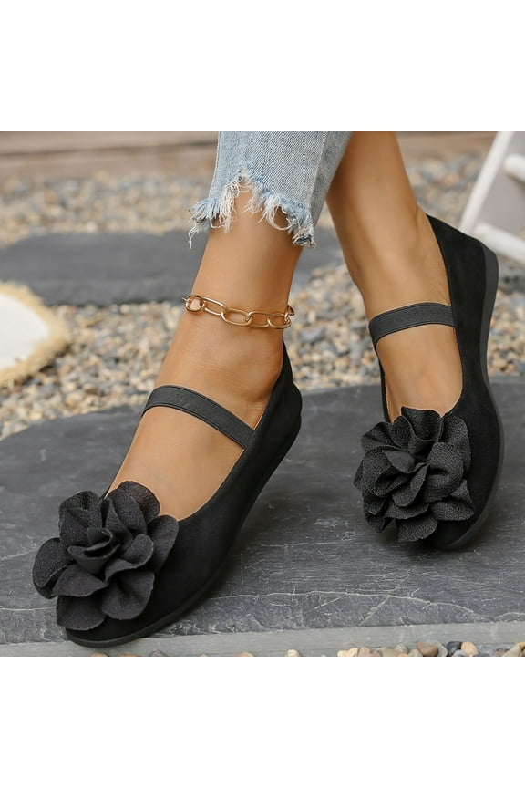 Womens Ballet Flats, Single Band Floral Slip-On Fashion Shallow Dress Shoes Black