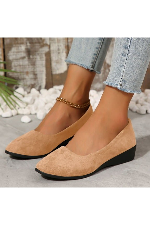 Womens Ballet Flats, Slip-On Low Wedge Heels Round Toe Casual Comfortable Office Shoes Brown