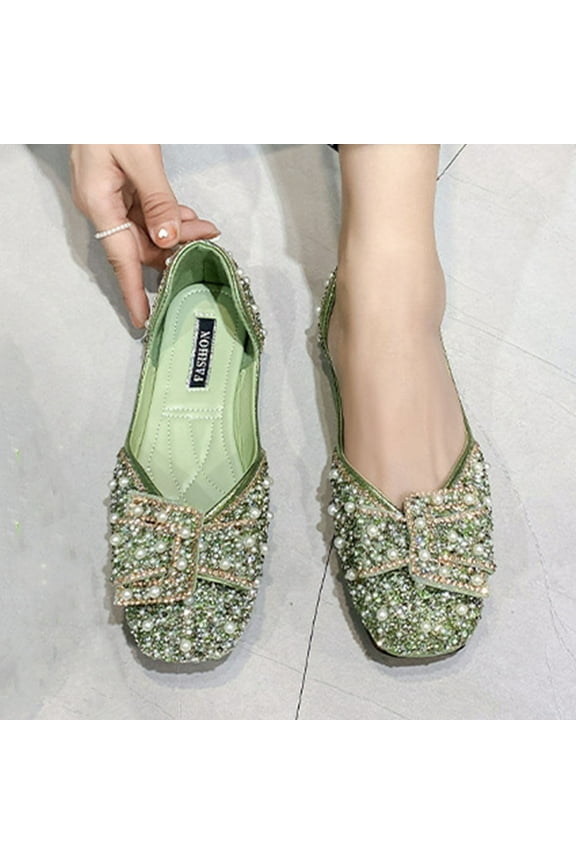 Womens Ballet Flats, Slip-On Shiny Rhinestone Round Toe Shallow Fashion Dressy Shoes Green