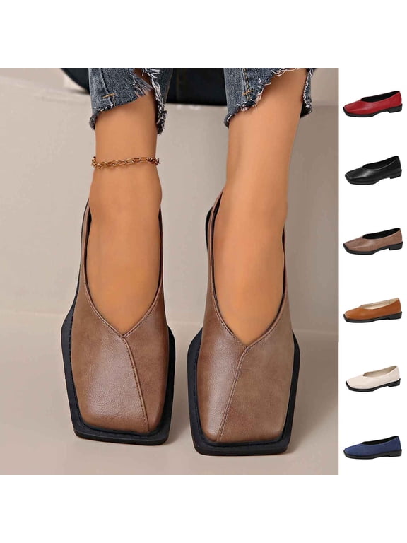 Womens Ballet Flats Square Toe Faux Leather Deep V Cut Slip On Arch Support Non Slip Office Dressy Cushioned Flat Shoes Black Size US9.5