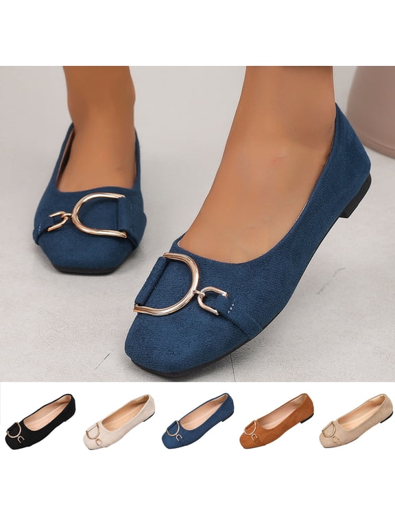 Womens Ballet Flats Square Toe Faux Suede Metal Buckle Slip On Cushioned Office Dressy Lightweight Comfort Flat Shoes Navy Size US8.5