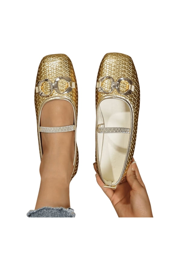 Womens Ballet Flats, Square Toe Wide Width Shallow Slip On Fashion Work Dressy Shoes Gold US7.5