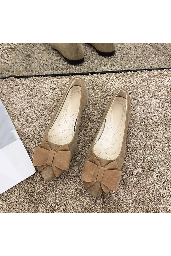 Womens Ballet Flats, Suede Bow Slip-On Pointed Toe Spring Summer Dressy Shoes Khaki