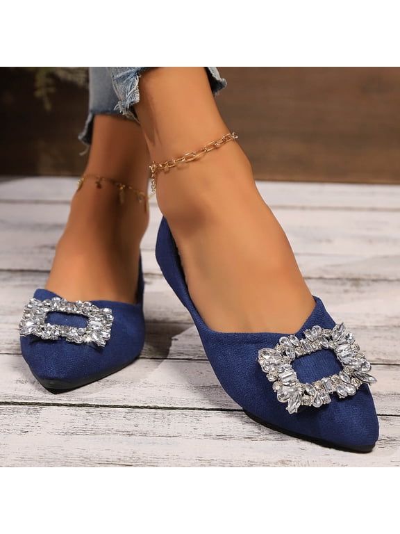 Womens Ballet Flats, Suede Pointed Toe Square Rhinestone Casual Wedding Party Dress Shoes Blue