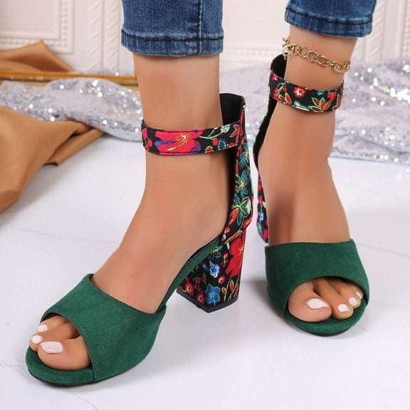 Viluyesy Womens Block Heeled Sandals, Ankle Strap Floral Chunky Open Toe Office Wedding Party Shoes Green