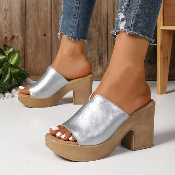 Viluyesy Womens Block Heeled Sandals, Open Toe Slip-On Solid Color Casual Fashion Thick Sole Shoes Silver