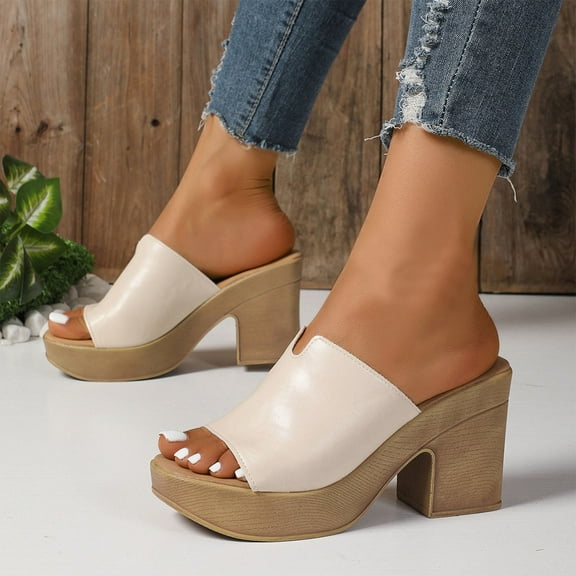 Viluyesy Womens Block Heeled Sandals, Open Toe Solid Color Slip-On Casual Fashion Thick Sole Shoes Beige