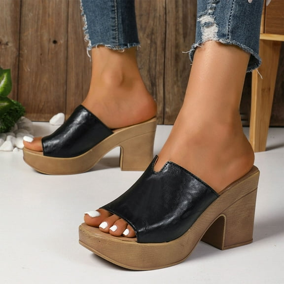 Viluyesy Womens Block Heeled Sandals, Open Toe Solid Color Slip-On Casual Fashion Thick Sole Shoes Black
