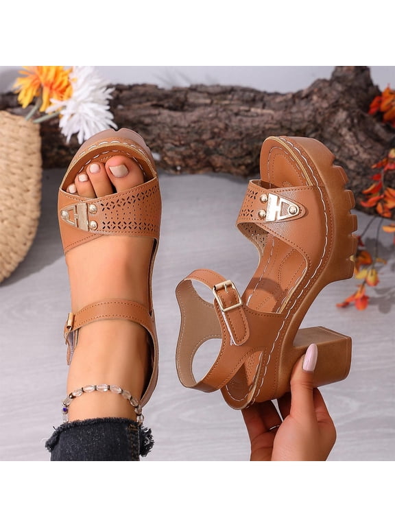 Womens Block Heeled Sandals, Slingback Adjustable Strap Open Toe Fashion Dressy Platform Shoes Brown US9