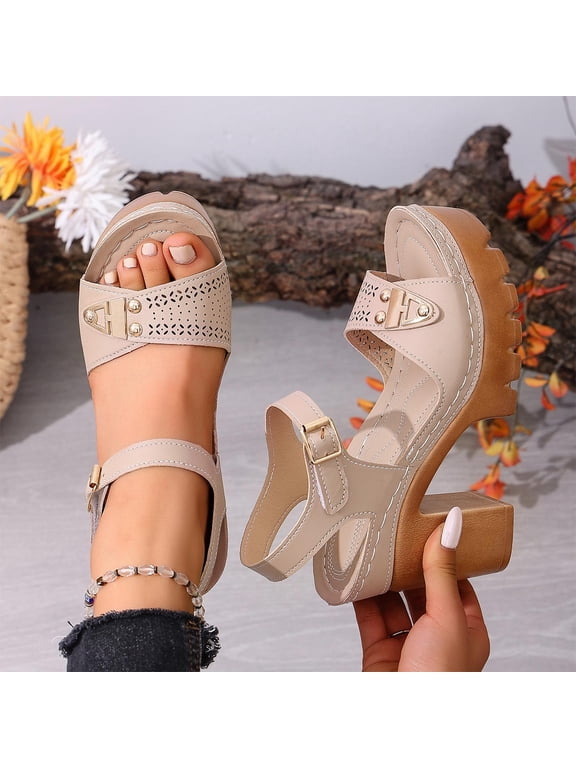Womens Block Heeled Sandals, Slingback Adjustable Strap Open Toe Fashion Dressy Platform Shoes Khaki US6