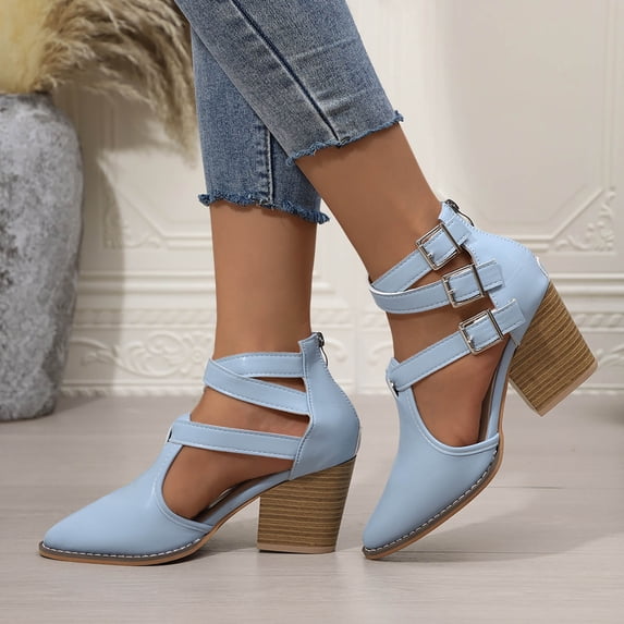 Viluyesy Womens Block Heels Dress Shoes, Pointed Toe Back Zipper High Heeled Ladies Fashion Pump Sandals Sky Blue US6