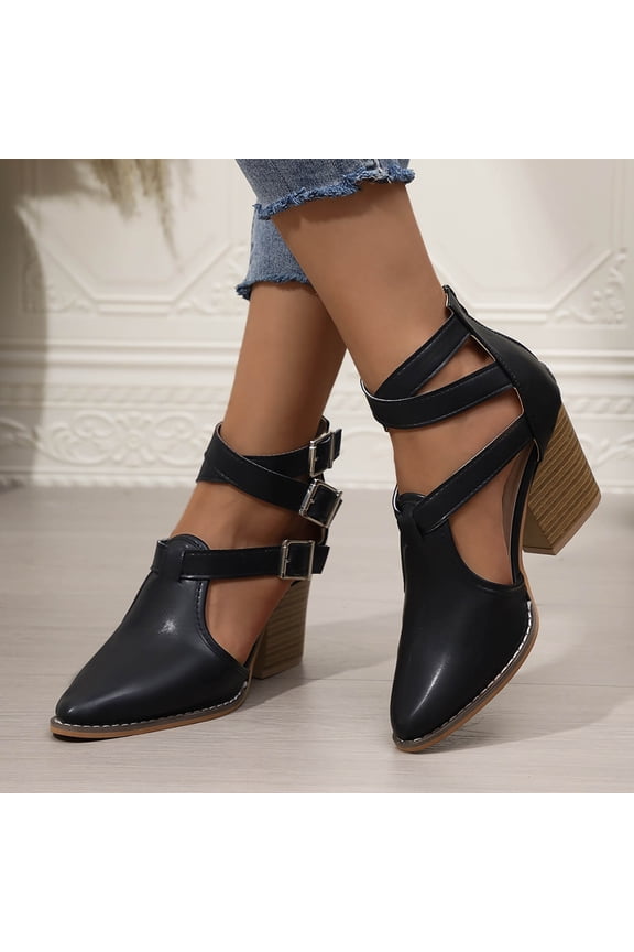 Womens Block Heels Dress Shoes, Pointed Toe High Heeled Back Zipper Ladies Fashion Pump Sandals Black US9