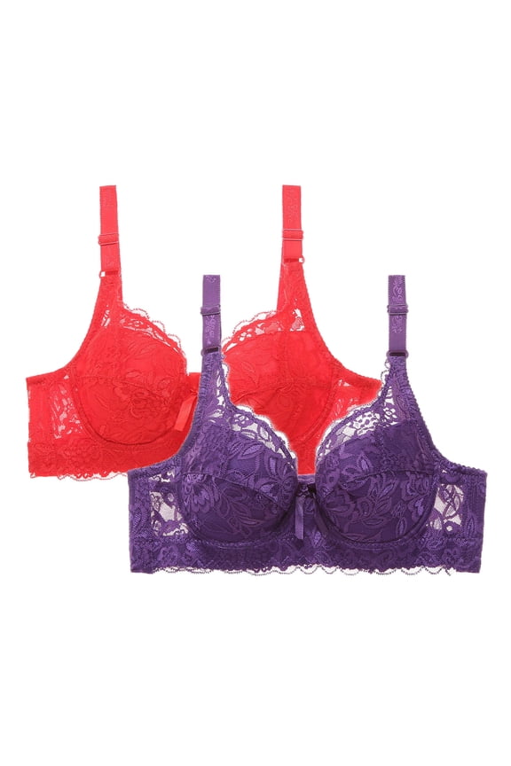 Womens Bras 2-Pack, Lace Breathable Comfort Fit Full Coverage Everyday Push Up Underwear Purple S-4XL
