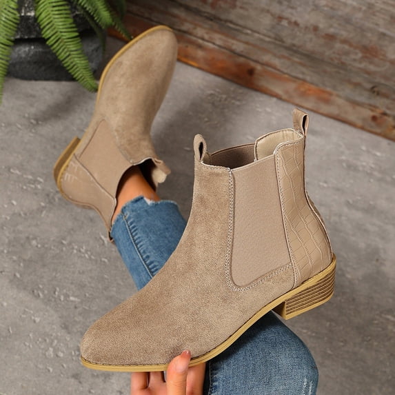 Viluyesy Womens Chelsea Ankle Boots Round Toe Low Stacked Heel Faux Suede Elastic Gore Pull On Daily Fashion Boots Khaki Size 6