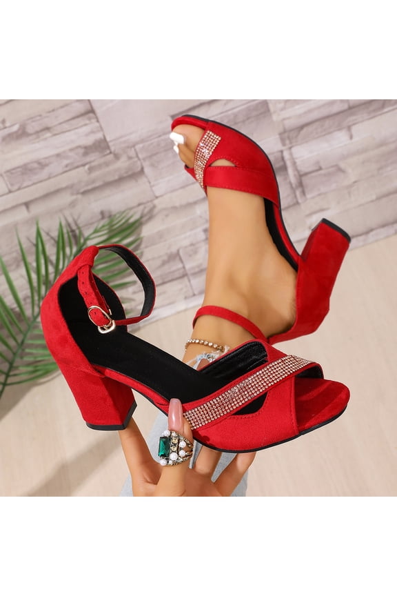 Womens Chunky Heeled Sandals, Ankle Strap Rhinestone Open Toe 2026 Fashion Dressy Shoes Red US9