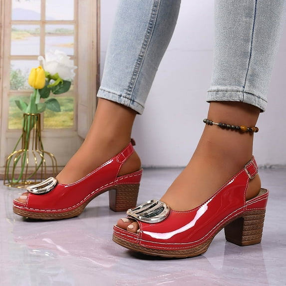 Viluyesy Womens Chunky Heeled Sandals, Rhinestone Leather Peep Toe Adjustable Buckle Dressy Fashion Shoes Red US7