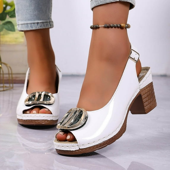 Viluyesy Womens Chunky Heeled Sandals, Rhinestone Leather Peep Toe Adjustable Buckle Dressy Fashion Shoes White US8.5