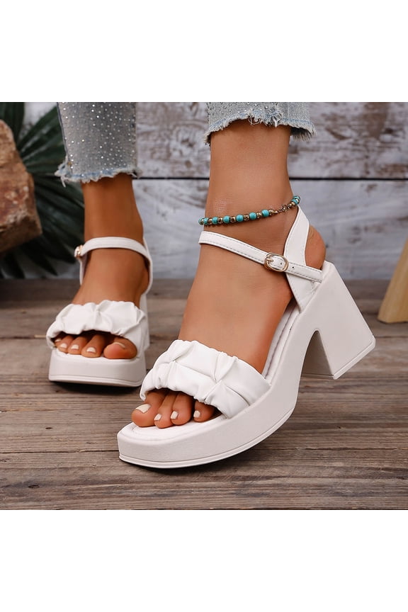 Womens Chunky Heels Sandals, Thick Sole Ankle Strap Open Toe Ladies Fashion Dress Shoes White US6