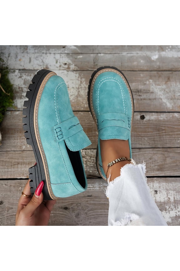 Womens Chunky Platform Loafers, Comfortable Slip-On Suede Leather Ladies Casual Dress Penny Shoes Blue US7.5
