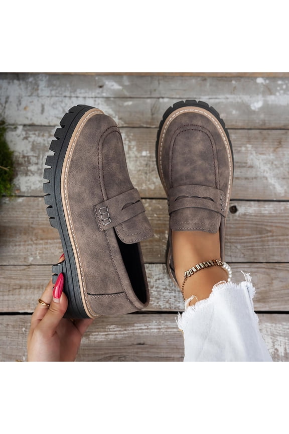 Womens Chunky Platform Loafers, Suede Leather Slip-On Comfortable Ladies Casual Dress Penny Shoes Coffee US6.5